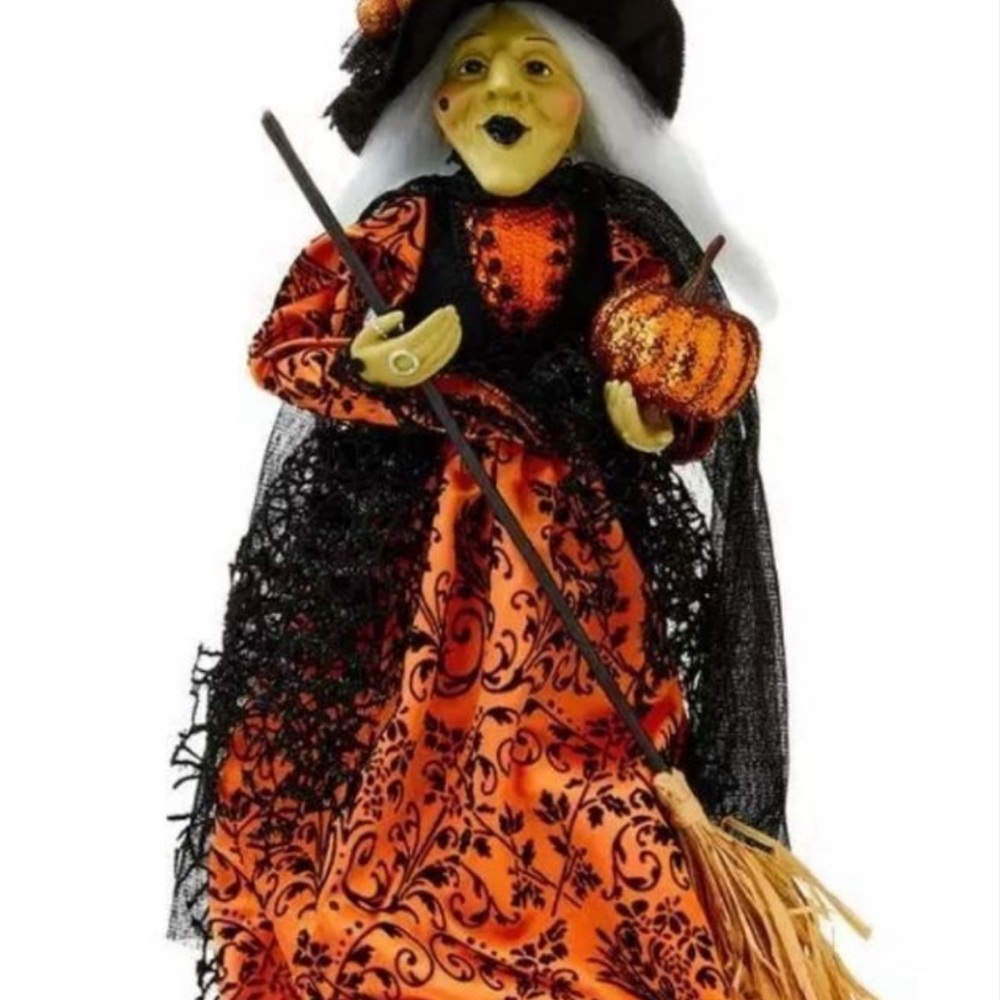 Halloween Witch Figurine 15in Black Orange Decoration Spooky Mantel Centerpiece